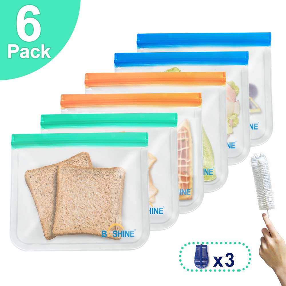 B.SHINE Reusable Storage Bags - 6 Pack Ziplock Sandwich Bag, Snack Bag, Lunch Bag with Matching Sealing Clip, Leakproof (6 Pack - Sandwich Bags)