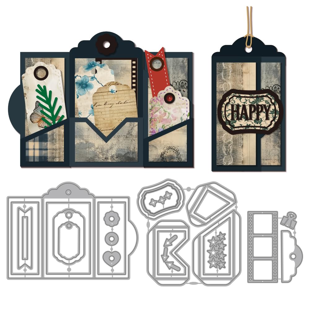 MAYJOYDIY Planner Folder Tag Cutting Dies - Vintage Film Frame, Stitched Pocket, Postage Stamp Layered Metal Dies Embossing Stencils for Card Making Scrapbooking Journaling Photo Album Decor