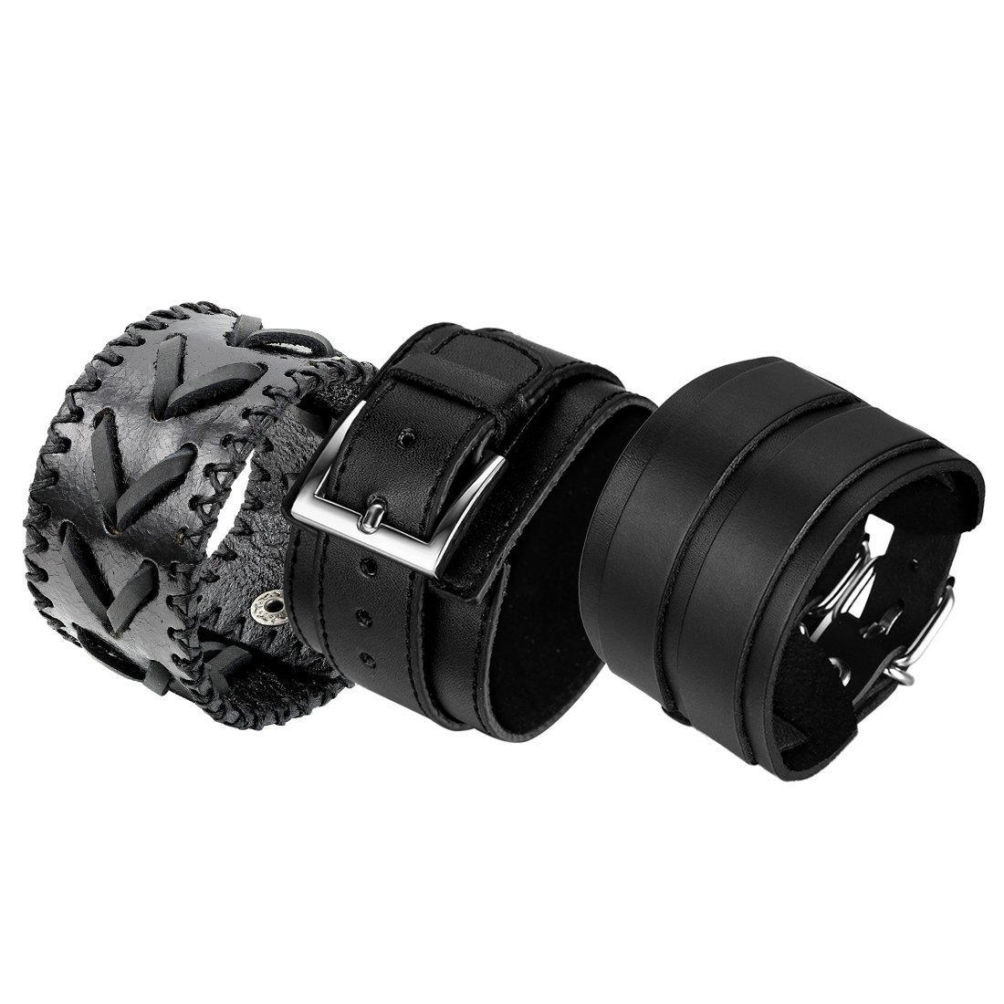 Oidea Mens Braided Leather Bracelets, Punk Rock Vintage Cuff Wrist Bracelet Set, Size Adjustable, Brown (3pcs-black cuff)