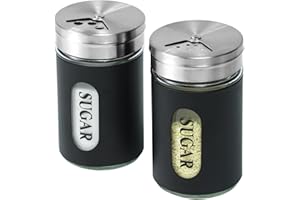STJKBDFC Sugar Shaker Duster Stainless Steel and Glass Set with Adjustable Pour Holes Cinnamon Shaker For Coffee Bar,set of 2 (Black)