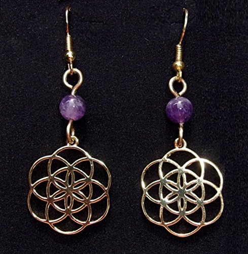 22k Gold Plated Seed of Life Earrings with Genuine Amethyst
