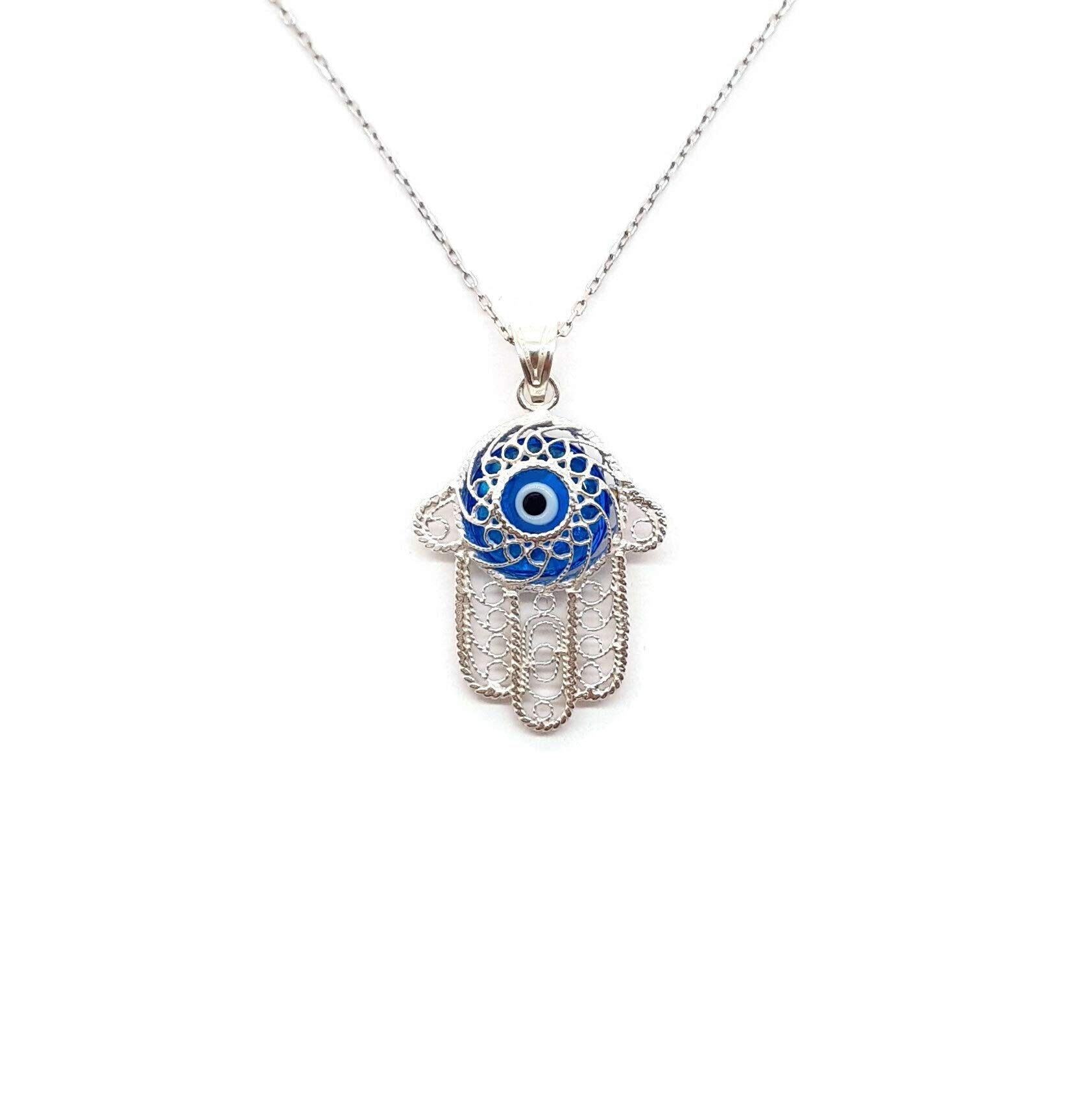 MYSTIC JEWELS By Dalia - Filigree Hamsa Hand of Fatima Necklace with Turkish Eye 925 Sterling Silver