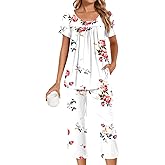 POPYOUNG Womens Pajama Sets Summer Ladies Pjs 2 Piece Loungewear Capri with Pockets Sleepwear