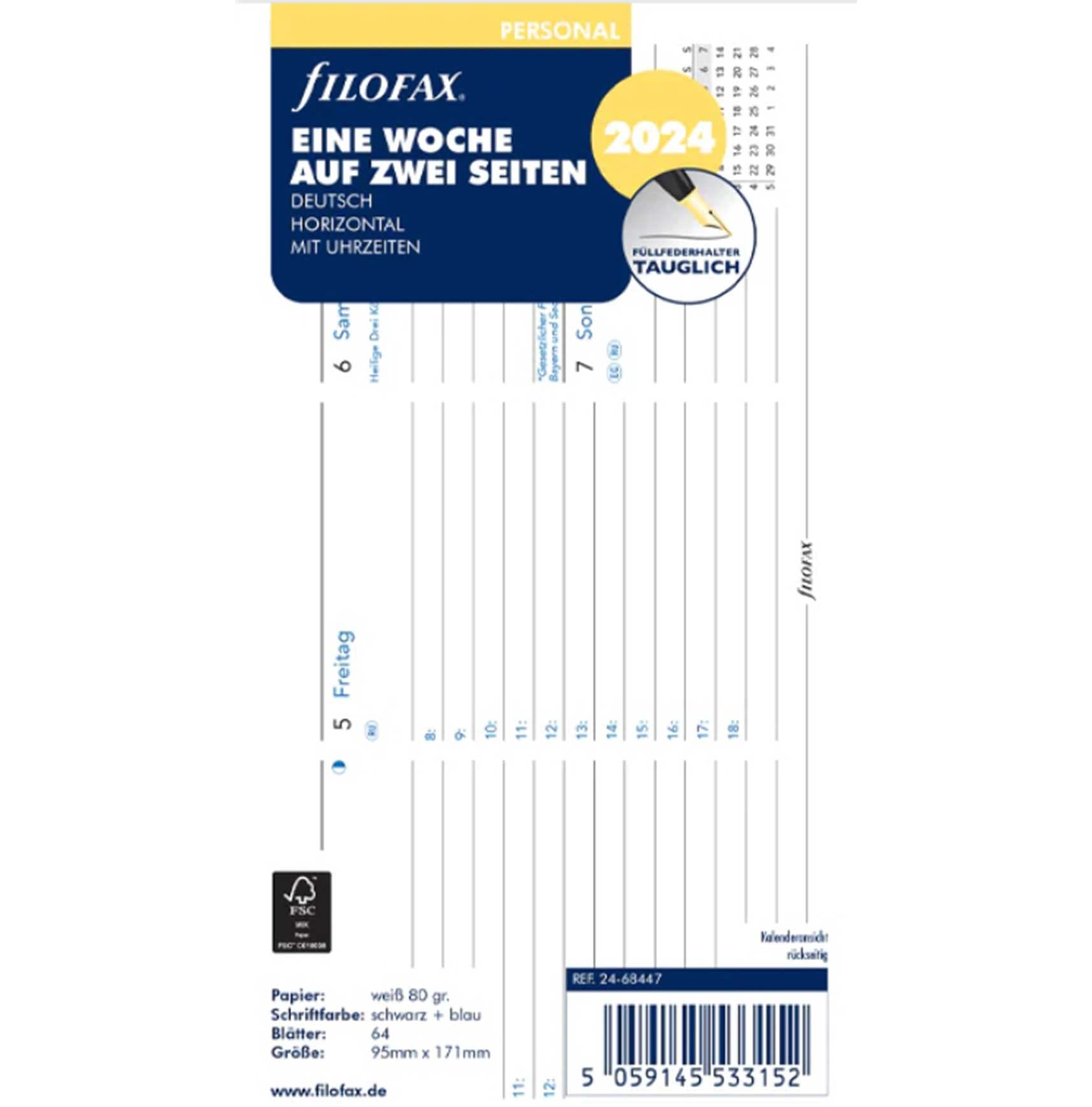 FILOFAX Calendar Insert Personal 1 Week on 2 Pages, Horiz.(German) 2024, 8.99