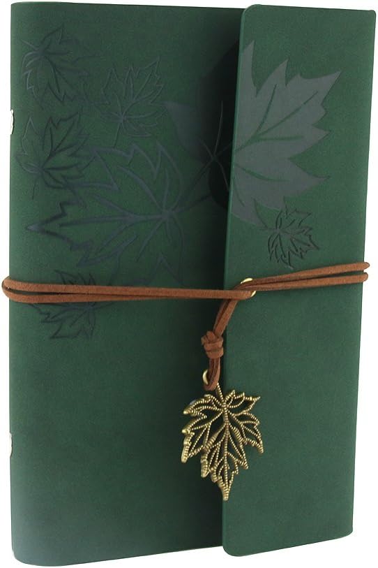 XUAN Leather Journal Bound Writing Notebook Refillable Travel Diary Small Plain Notepad Vintage Blank/Unlined Pages Christmas Birthday Gift for Mum Women Kid Girl Grandma Wife Her B6 Retro Leaf Green