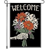 PANDICORN Halloween Garden Flag 12x18 Inch Double Sided Welcome Skull Flower Skeleton Gothic Spooky Halloween Decorations Outdoor Garden Flag Burlap for Seasonal Holiday Outside Patio Yard Decor