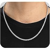 Jewlpire 2.5mm 3mm 4mm Rope Chain Necklace for Men, Silver Tone Mens Chain Necklaces, Stainless Steel Necklace Chains for Men, 18 20 22 24 26 Inch