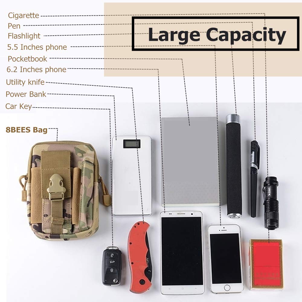 8Bees Tactical Molle Pouch Multi-Purpose Compact EDC Utility Gadget Belt Waterproof Nylon Camo Bag