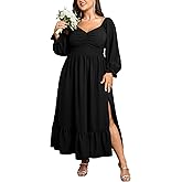SCOMCHIC Womens Plus Size Wedding Guest Cocktail Dress Sweetheart Neckline Long Sleeve Smocked Ruffle Slit Maxi Dresses