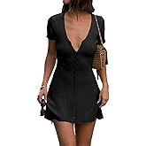 Saodimallsu Womens Short Sleeve Mini Dress V Neck Button Up Cardigan Sweater Summer Ribbed Knit Flare A Line Dresses