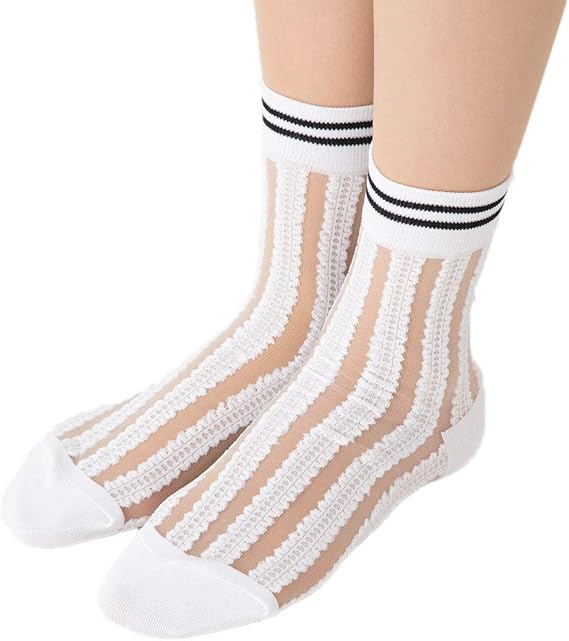Amazon Doll Kiss ラインストライプ シースルー クルーソックス 23 25cm ホワイト 白 日本製 靴下 レディース ドールキス 靴下 通販