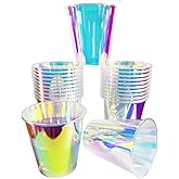 Djenpinex 25 Pack Thick Iridescent Plastic Cups 12oz - Bright Surface Holographic Clear Rainbow Disposable Cups for Bachelorette Party, Wedding, Birthday, Camping (Bright Surface)