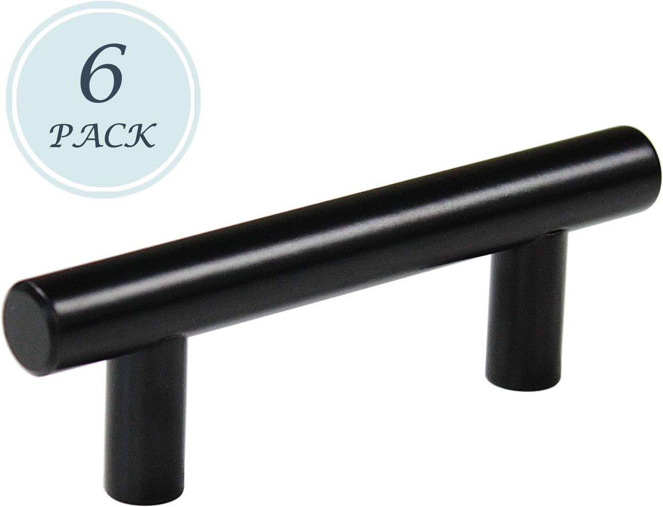 KNOBWELL 6 Pack 2-1/2 in Drawer Pulls Black, T Bar Round Black Handles for Kitchen Cupboard Bathroom Vanity Dresser Drawer, Overall Length 4 Inch