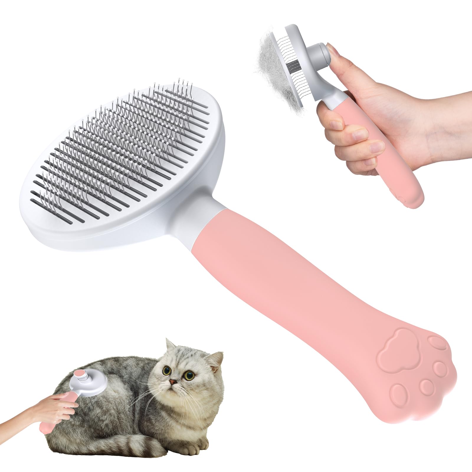 Zivacate Cat Brush Dog Brush [Ergonomic Grip & One-click Cleaning] Shedding Tool for Short & Long Haired Dogs/Cats/Rabbits, Deshedding Brush(Pink)
