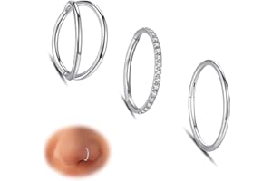 WBRWP 3pcs Nose Rings Hoops: 316L Surgical Steel Double Hoop Nose Rings 16G 18G 20G Hinged CZ Septum Conch Clicker Lip Rings Cartilage Helix Rook Tragus Daith Earring Hoops Body Piercing Jewelry 7mm 8mm 9mm 10mm