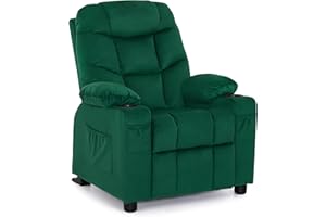 MCombo Big Kids Recliner for Ages 3+, Child Reclining Chair, Toddlers Recliner Sofa with Cup Holders (Velvet, Green)