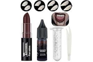 Mysense Vampire Fangs Teeth Fake Blood Makeup Kit, 4 Pairs Fake Teeth in 4 Sizes, 1 Sticky Stage Blood and 1 Dark Red Lipstick, Vampire Costume Accessories for Halloween SFX Makeup