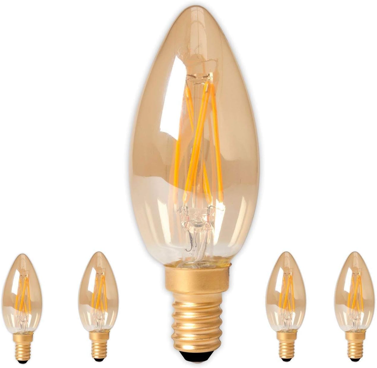 Pack of 5 Calex 474489 LED Glass Filament Candles, 240 V, 3.5 W, 200 lm, E14, B35, Gold, 2100 K, CRI80, Dimmable [Energy Class A+]