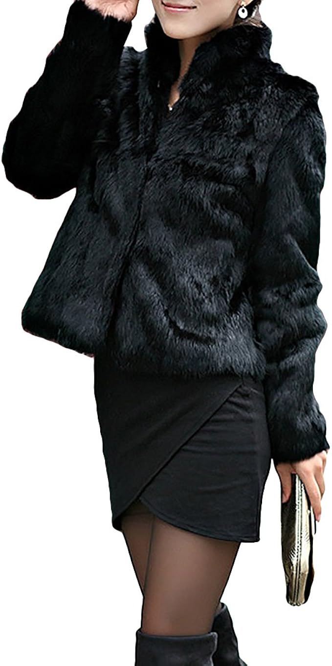 Women Winter Black Fur Coat Long Sleeve Faux Fur Outerwear Lady Short