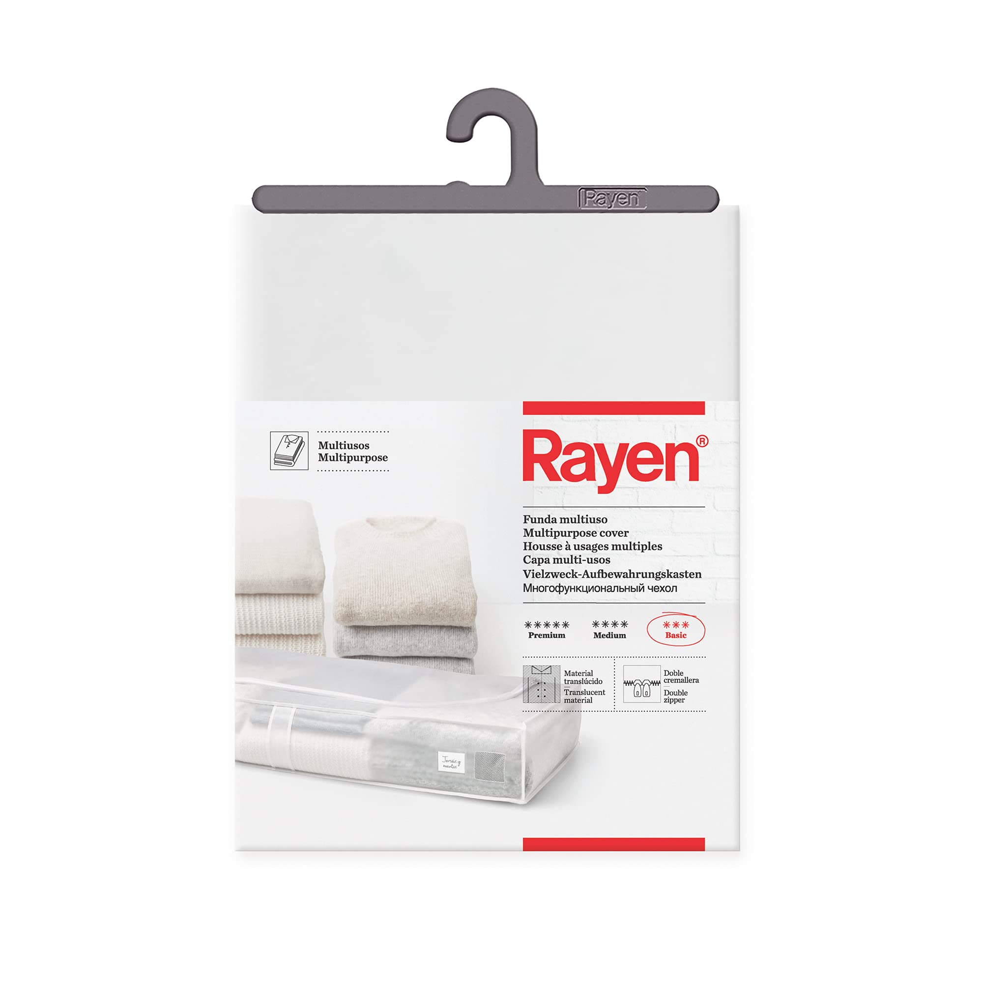Rayen | Storage box for clothes and bedclothes | Zip-up PVA bag for clothes with breathable, folding and resistant vent | 45 x 103 x 16 cm | Translucent
