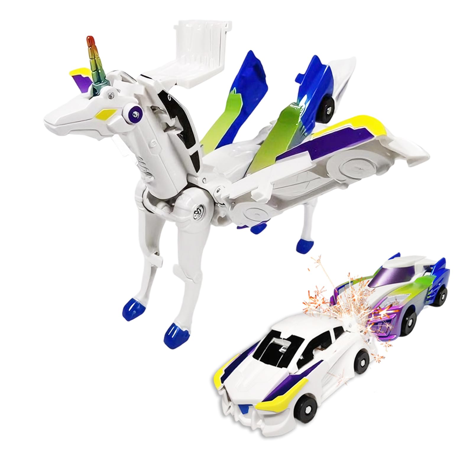 Photo 1 of Transforming Car Robot Toys, Unicorn Racing Car Set, Boys and Girls, Automatic Deformation, Magnetic Connections, Educational, Collision to Magical Unicorns, Birthday Party (Blue)…