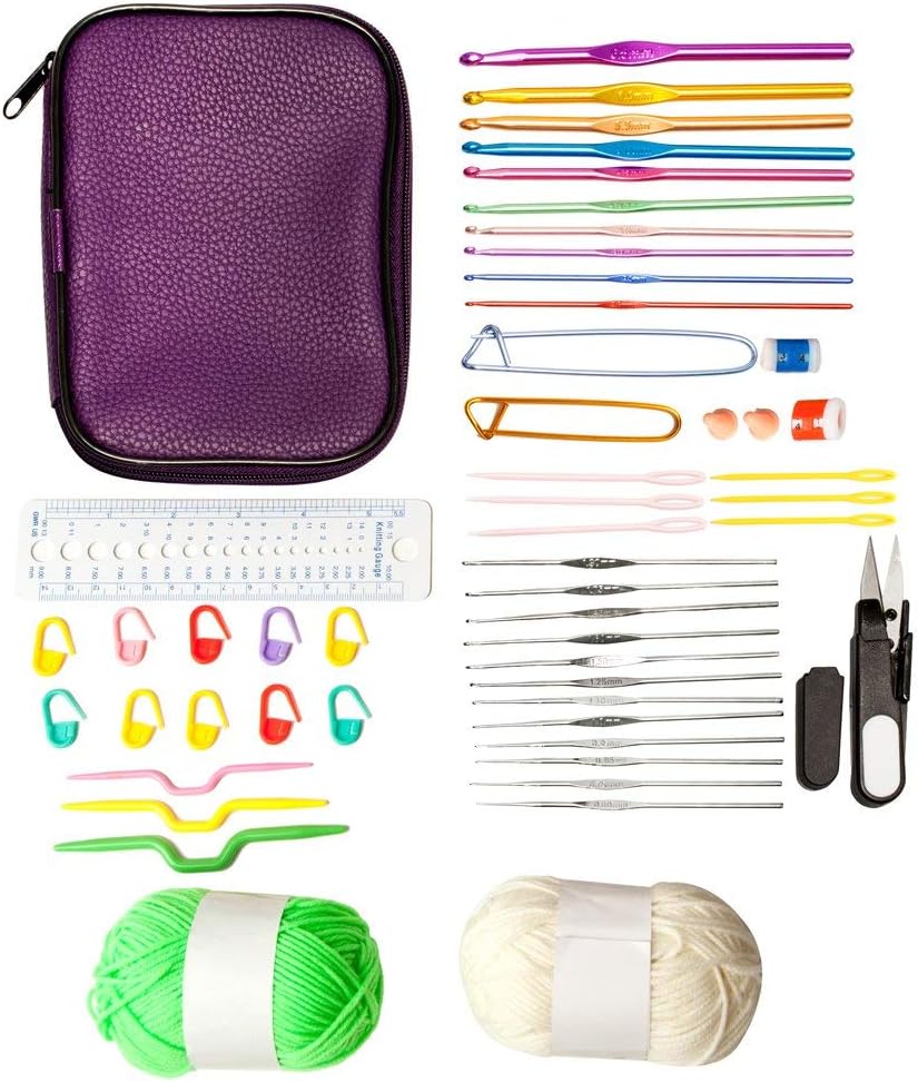 Best Knitting Kit by PureNoor Supplies 22pcs Aluminum Crochet Hooks Knitting Knit Needles Weave Yarn Set - 27 Crochet Accessories and 2 Yarn Balls - in Sturdy Travel Crochet Hooks Case