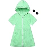 Shekavarld Girls Swim Cover Up Kids Beach Swimsuit Coverup Terry Zip-Up Bathing Suit Beach Pool Clothes with Sunglasses
