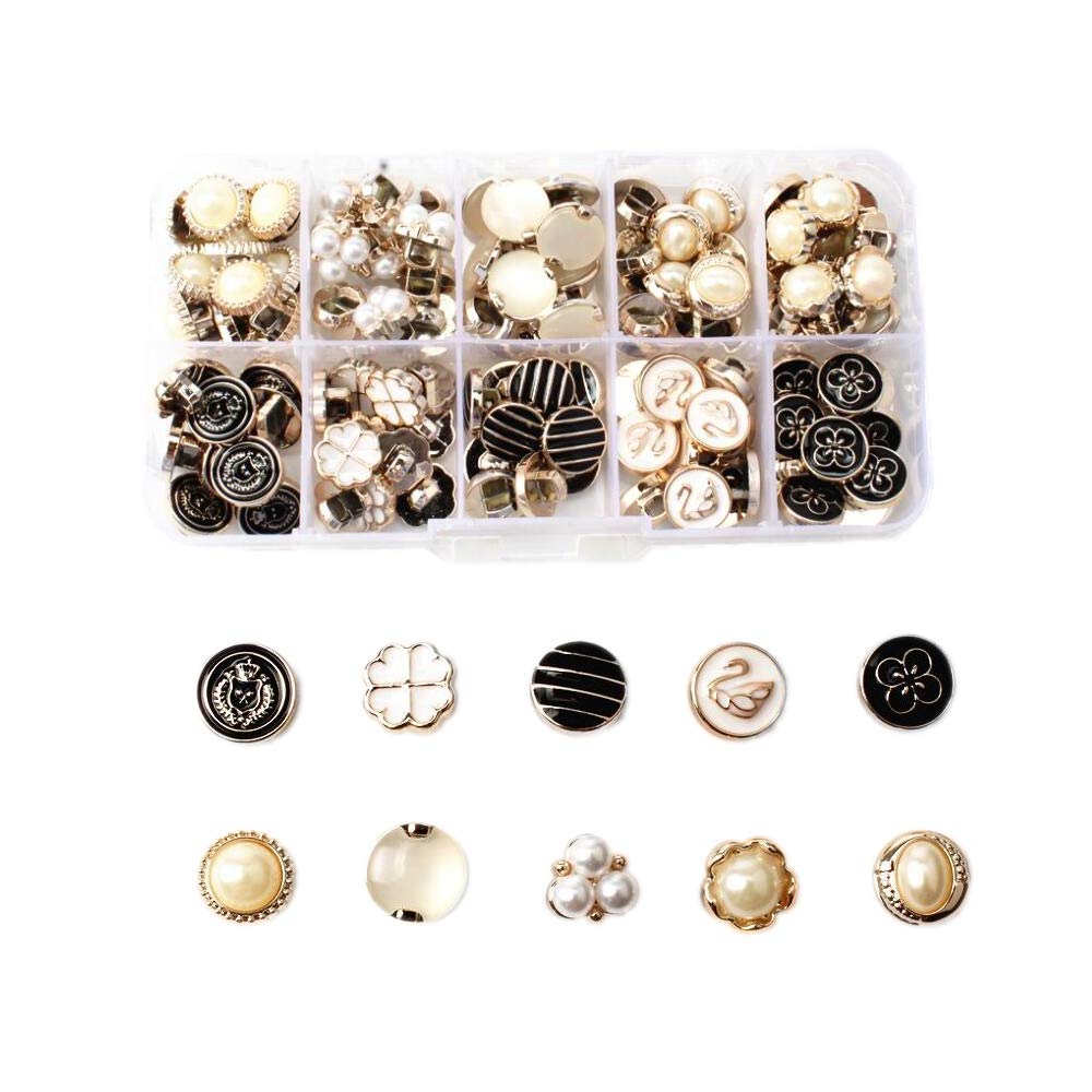 Chris.W 100Pcs Round Pearl Resin Buttons with Shank for Crafting Sewing Scarpbooking Scarf and Clothes, 10 Designs, Storage Box Included(Mixed Color)