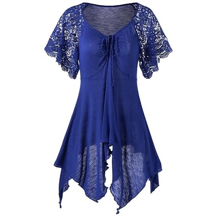 ESAILQ Frauen Verband hohe Taille Kurzarm Lace Floral Patchwork unregelmäßigen Minikleid