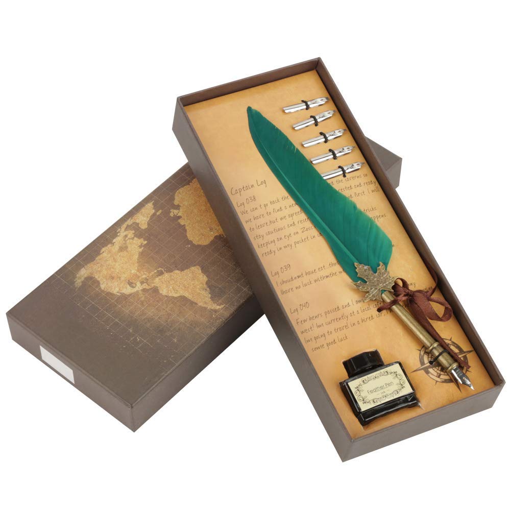 GLOGLOW Vintage Feather Dip Pen Set, Europeanism Retro Quill Metal Nibs Calligraphy Writing Pen Hand Craft Gift Pen 6 Color(Green)