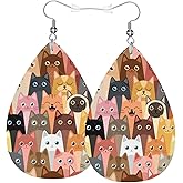 Cat Animal Cute Teardrop Earrings For Women, Dangle Earrings Jewelry For Women, Lightweight Faux Leather Earrings Gifts