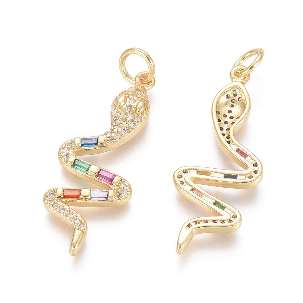 Craftdady 5Pcs Golden Color Snake Bead Charms Snake Cobra Pendant with Colorful Cubic Zirconia for DIY Necklace Jewelry Making