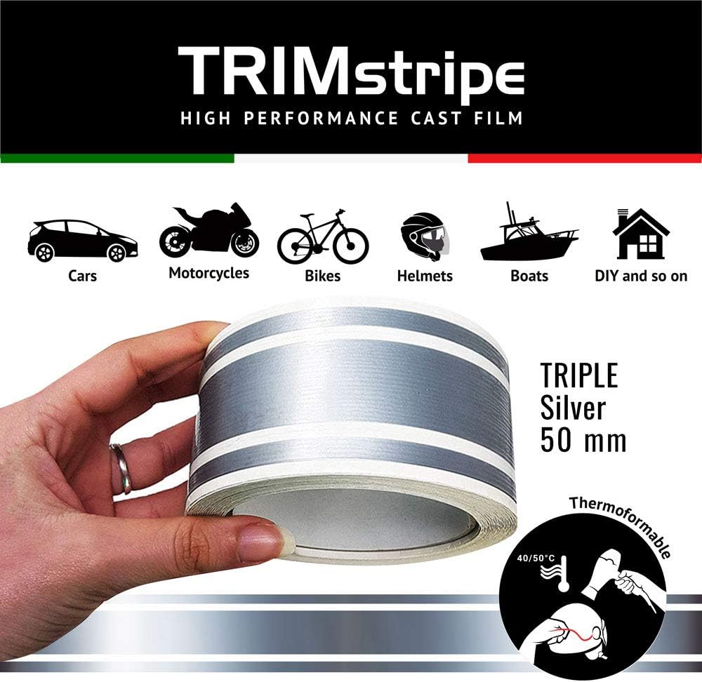 4R Quattroerre.it 10531 Trim Stripes Triple Adhesive Strips for Cars Silver, 50 mm x 10 mt, 50 mm x 10 meters