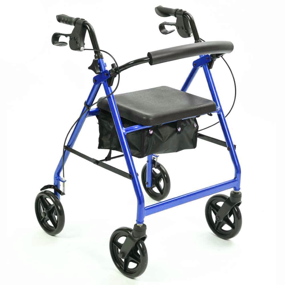 NRS Healthcare A-Series 4 Wheel Rollator Folding Aluminium Walking Aid with Seat & Bag, Lightweight & Height Adjustable with Lockable Brakes - P11267, Blue