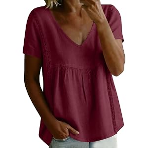Linen Lace Tops for Women Cotton Plus Size Short Sleeve T Shirts V Neck Loose Fit Blouses Dressy Casual Boho Clothes