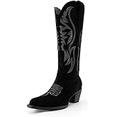 GORBINETI Women Cowboy Boots Mid Calf Cowgirl Western Boots Embroidered Suede Pull On Almond Toe Chunky Heel