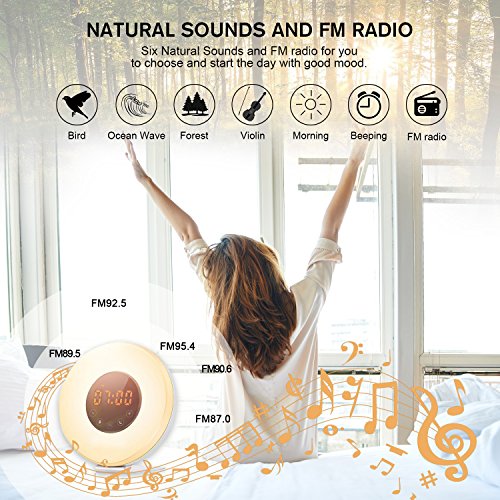 Wake Up Light Alarm Clock by Smarlance,Digital Sunrise Simulation Alarm Clock -【2018 Upgraded】-with 6 Alarm Sounds,FM Radio,7 Color Lights,Sunrise&Sunset Simulation and USB Charger