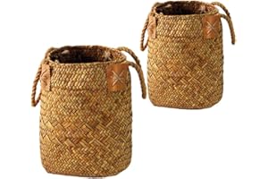Seagrass Woven Basket Straw Belly Storage Flower Plant Pot Vase Organizer with Handles for Laundry Picnic Grocery 2PCS