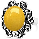 LCYFJW Natural Stone Wide Ring,Retro 925 Sterling Silver Antique Vintage Real Genuine Oval Crystal Quartz Stone Gemstone Bobo Bohemian Statement Chunky Ring Jewelry for Women