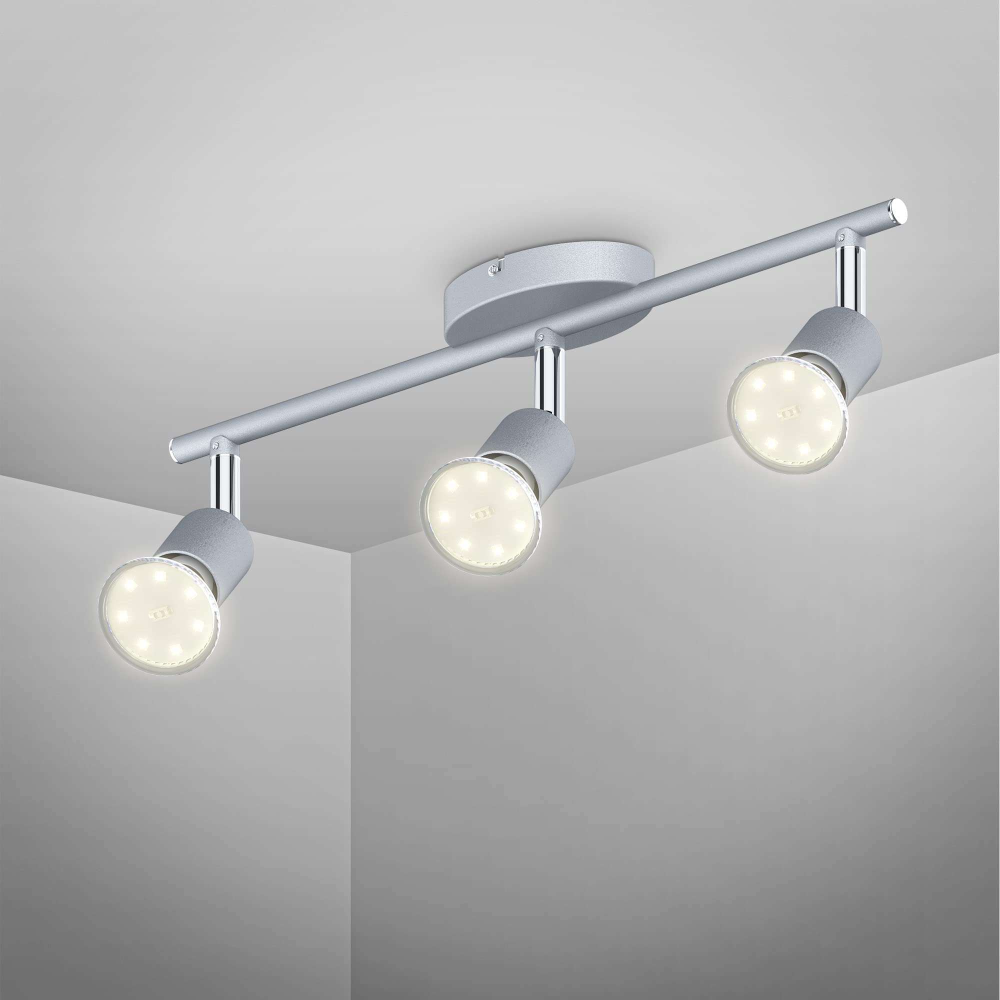B.K.Licht - Modern LED Ceiling Lights, 3 Head Spotlight with Bulbs Included and Swivel Mounted Design, matt Nickel, 3W Warm White 250lm
