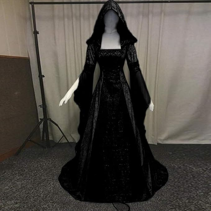 Amazon Com Women Lace Up Vintage Gothic Dress Medieval Renaissance Dress Victorian Retro Gown Cosplay Hooded Clothing
