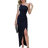 Sarin Mathews Womens One Shoulder Long Formal Dress Sexy Summer Sleeveless Bodycon Ruched Wrap Split Cocktail Dresses