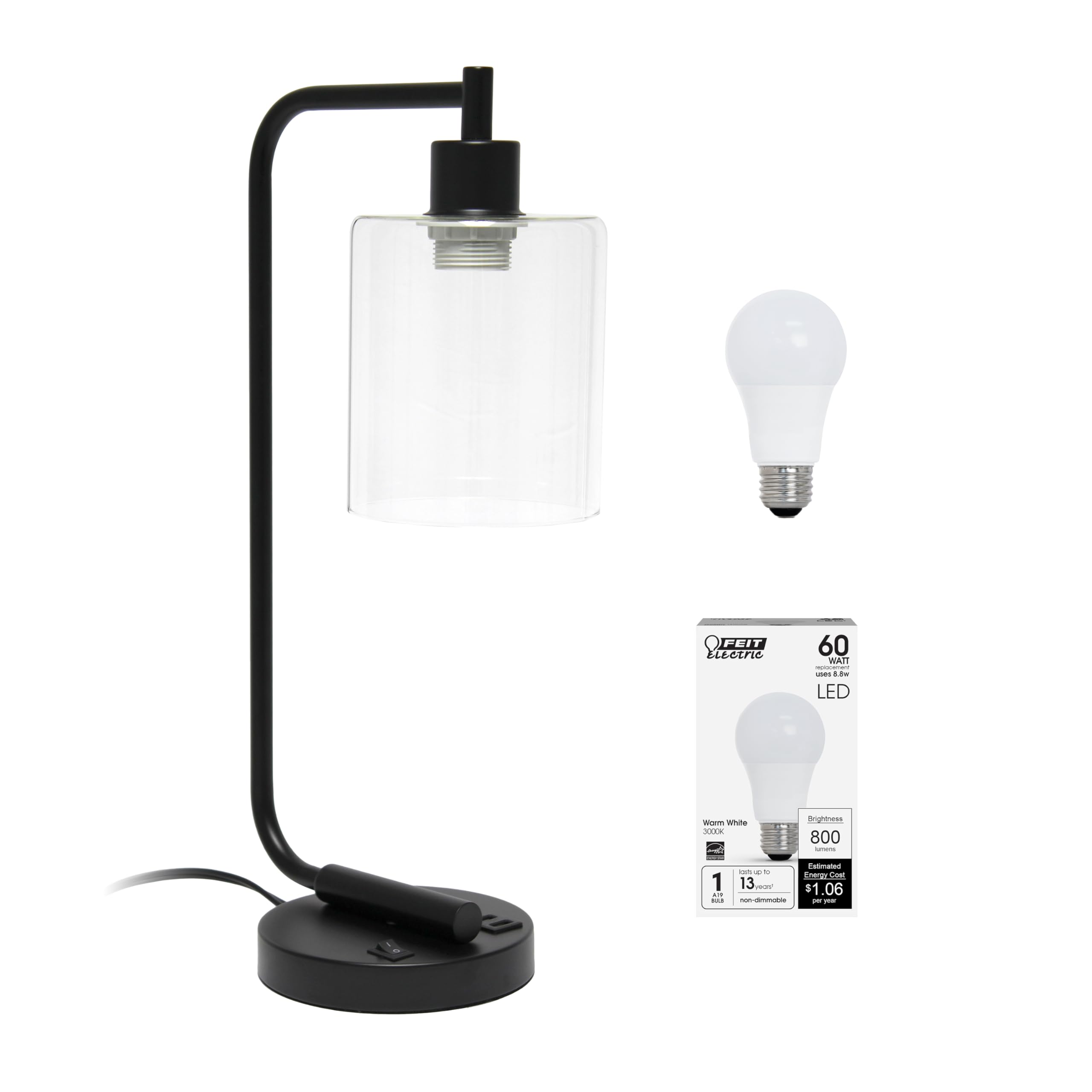 Simple Designs LD1066-BLK-LB Industrial Vintage Bronson Iron Lantern Desk Table Lamp with USB Port and Glass Cylinder Shade for Office, Living Room, Bedroom, Black, with Feit LED Bulb Included Image