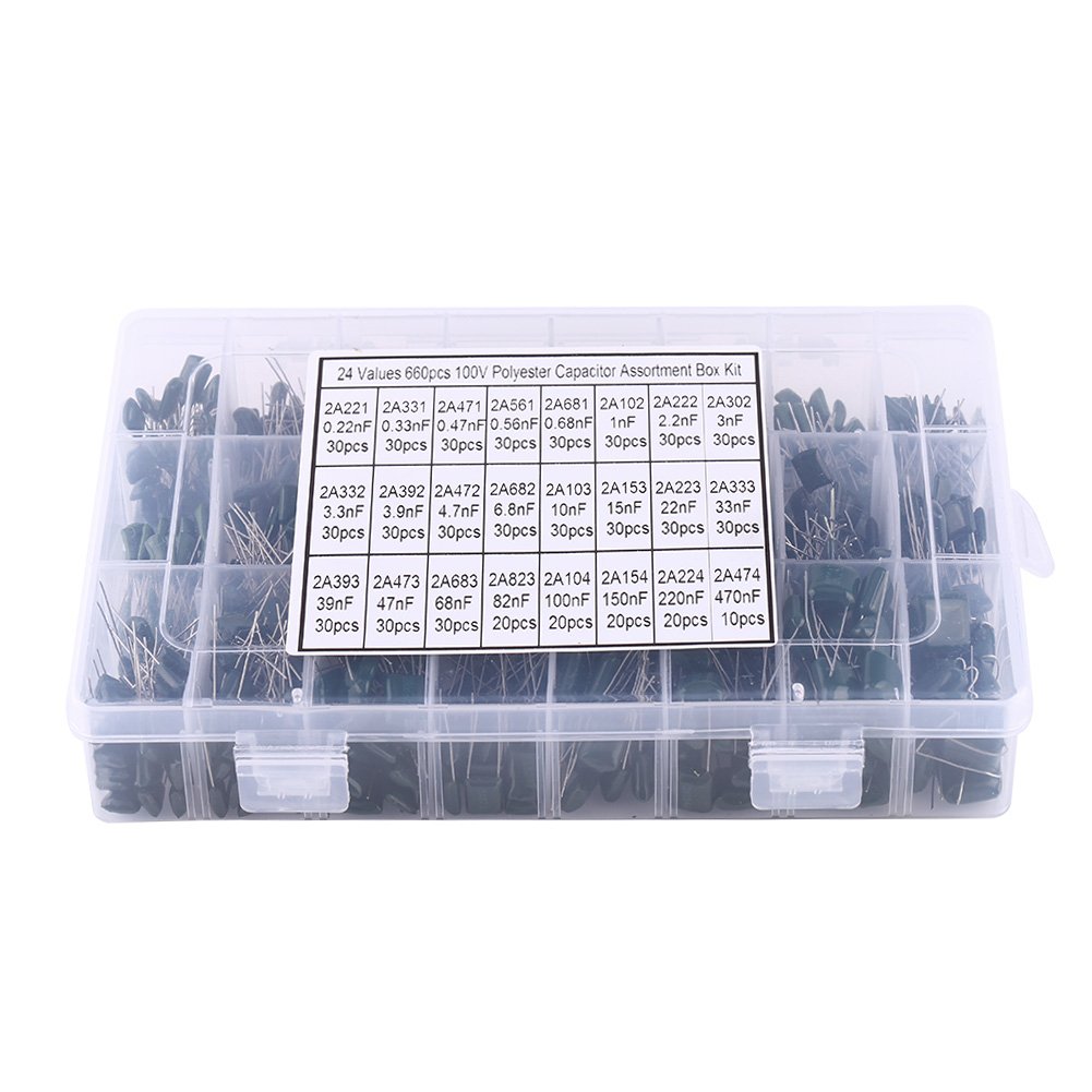 HILITAND 660pcs 24Value Polyester Film Capacitor Kit Box Assortment 0.22nF to 470nF