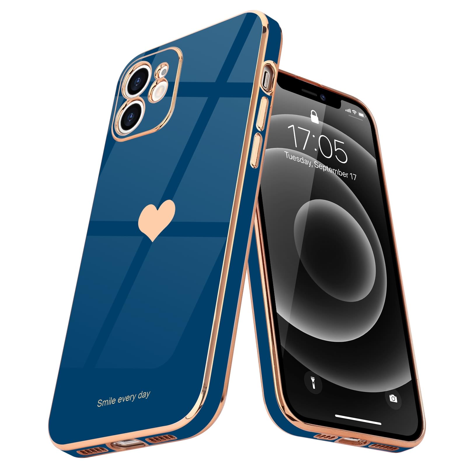 Teageo Compatible with iPhone 12 Case for Women Girl Cute Love-Heart Luxury Bling Soft Back Cover Raised Full Camera Protection Bumper Silicone Shockproof Phone Case for iPhone 12, Royal Blue