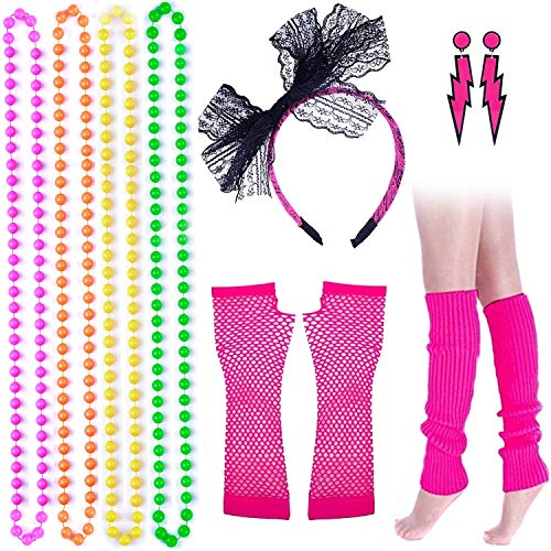 Lvcky 11Pcs Colorful Neon Bead Necklaces Lace Bow Headband Lightning Bolt Earrings Fingerless Fishnet Arm Warmers Leg Warmers Fancy 80s Party Costume Accessories Set - Thumbnail 2