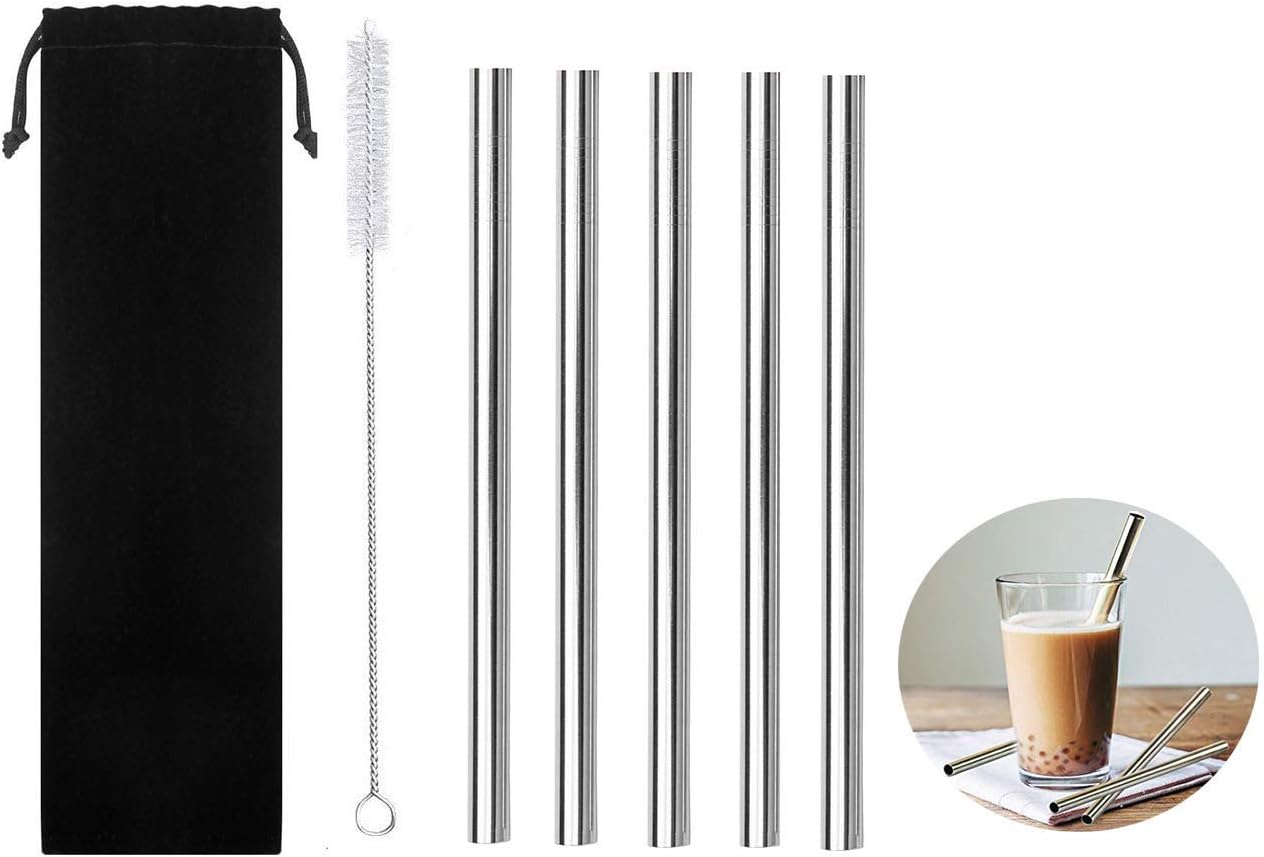 Ssguer9 Stainless Steel Drinking Straws Reusable Metal Stainless Steel Wide Smoothie Straws Pack of 5 Extra Wide & Straight Straw Set Includes Cleaning Brush