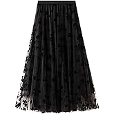 Women's Floral Print Mesh A-Line Midi Skirt 3D Posy Tulle Layered Skirt