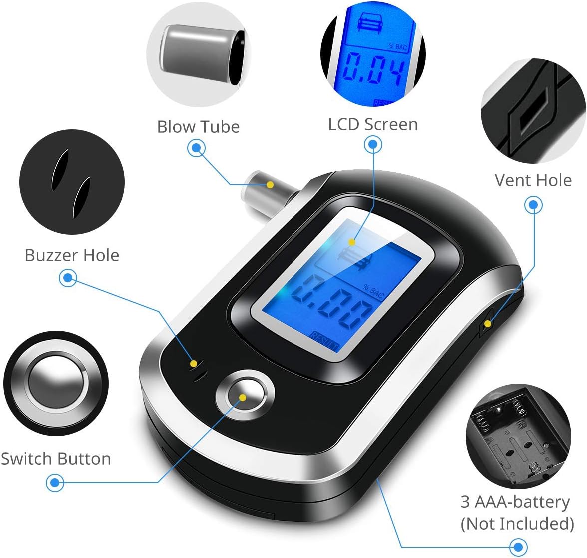 Portable Breath Alcohol Tester with Audio Warning and LCD Screen Auto