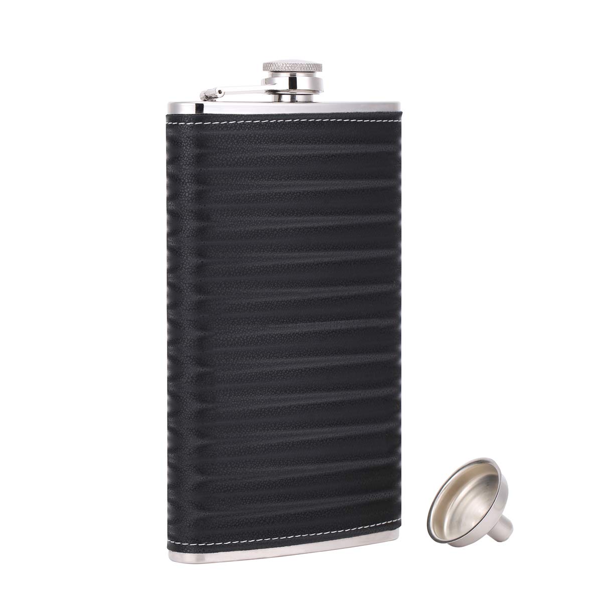 TANEAXON 12 oz Black 3D Pattern Pocket Whiskey Liquor Leather Wrapped Flask with Funnel and Box - Stainless Steel and Leak Proof